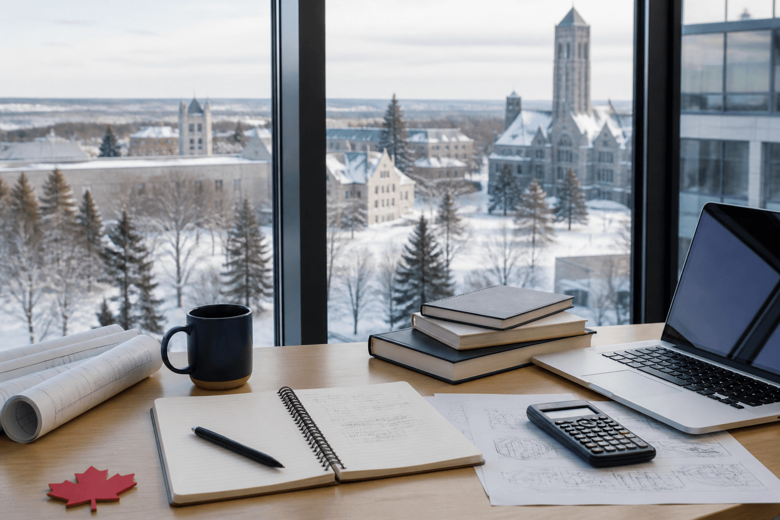 Canadian university study desk overlooking a snow-covered campus