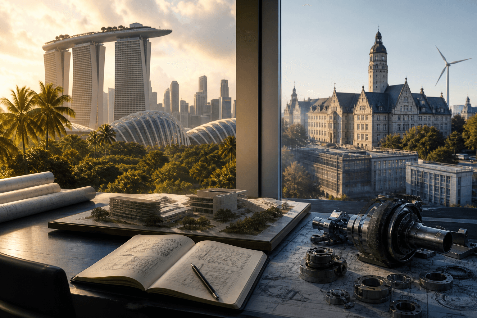 Singapore and German university and engineering environments shown side by side