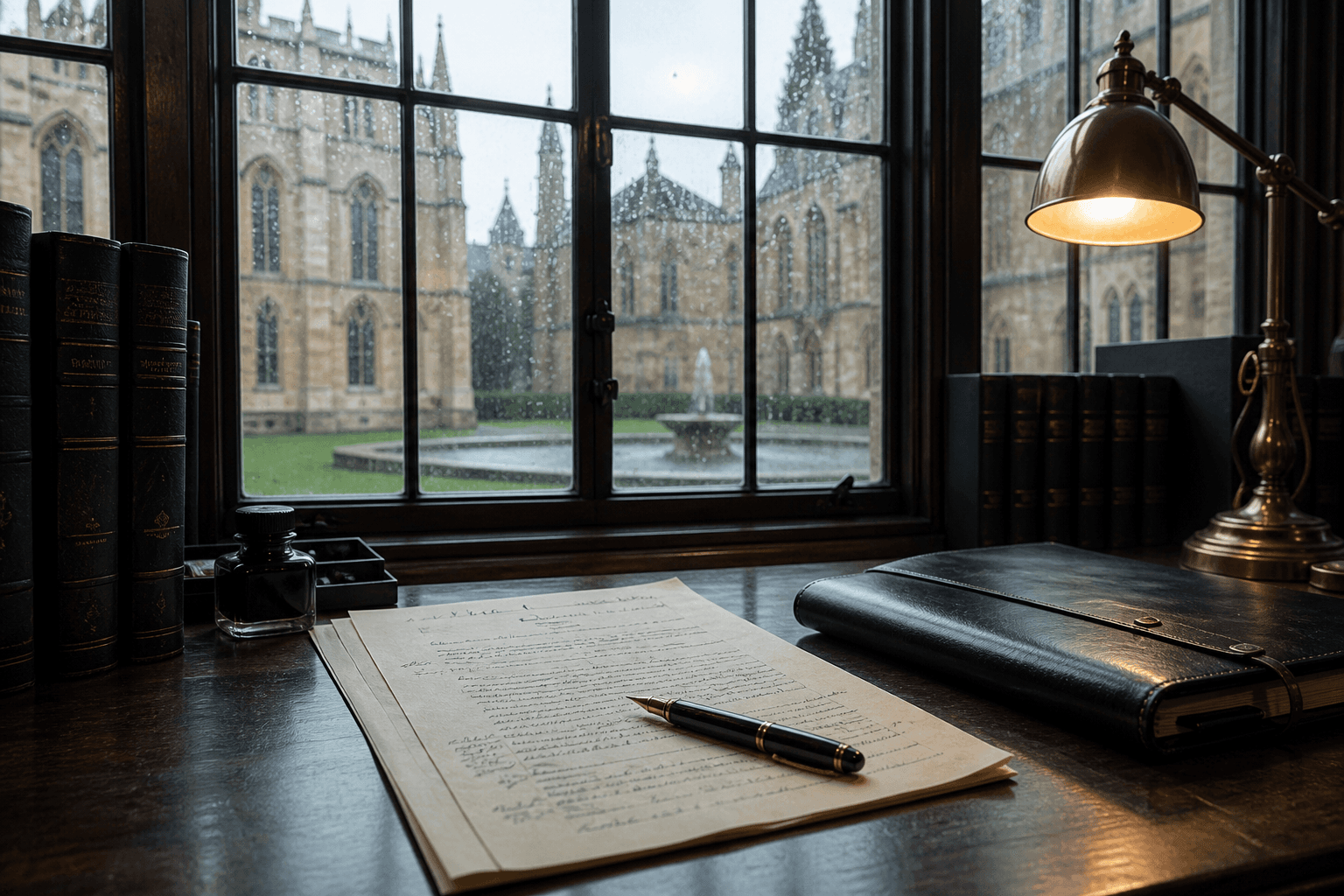 British academic library desk overlooking historic university architecture
