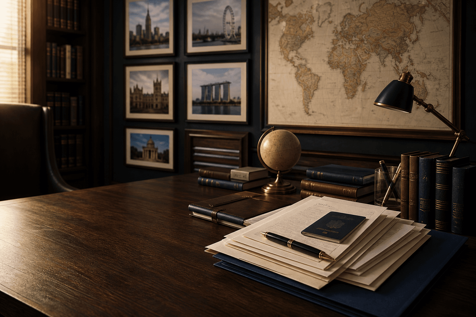 Academic research desk with global map and university application materials